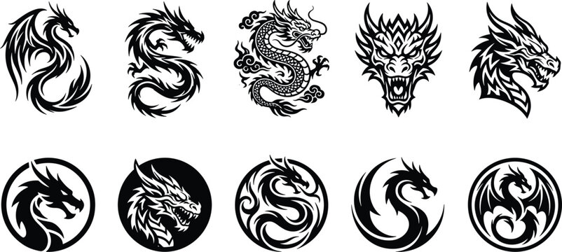 Dragon silhouette logo set with fierce mythical creatures, fantasy beast emblems for gaming, tattoo art, esports mascot branding and powerful vector design collection