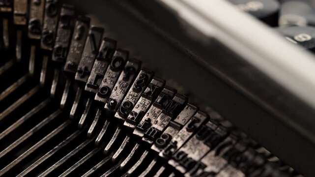 Close view of a vintage typewriter showing metal keys during a writing session at a desk in an indoor setting