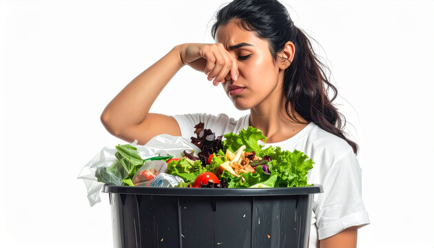Disgusted woman holding smelly food waste compost bin in studio on white backdrop; frowning while pinching her nose due to strong odor