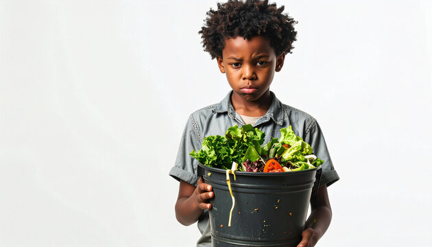 Unhappy young boy holding a bucket of uneaten vegetables in studio; child with an upset face diet concept healthy eating lifestyle portrait
