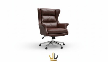 Fototapeta premium Brown Leather Office Chair with High Backrest on White Background