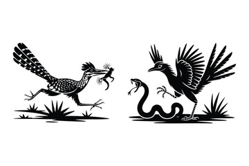 Fototapeta premium Roadrunner Chasing Lizard, Roadrunner Fighting Snake Silhouette