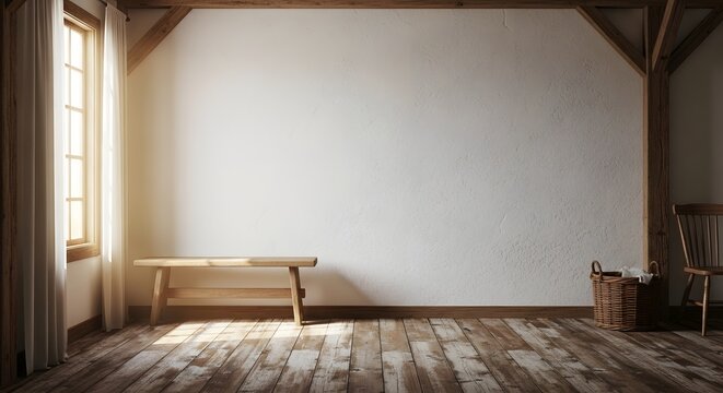 Cozy rustic room with wooden bench and chair by window