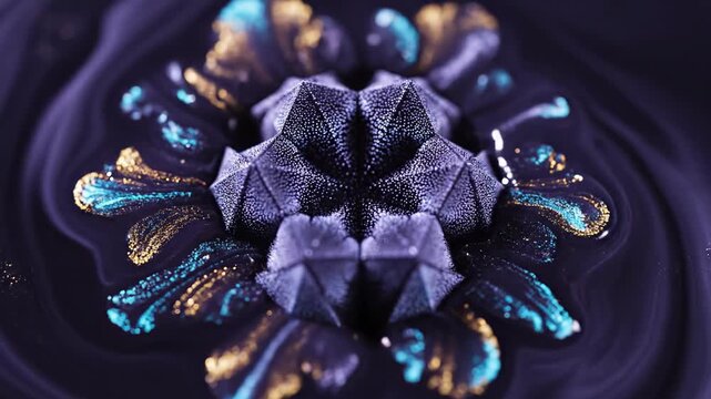 Abstract fluid art sequence showcasing vibrant blue and gold patterns swirling together, creating intricate shapes against a dark purple background in a visually captivating flow