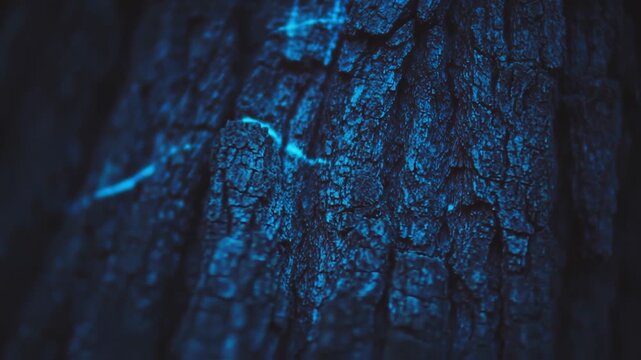 Close-up view of textured tree bark illuminated by blue light, showcasing intricate patterns and details in a natural setting with shadows and highlights