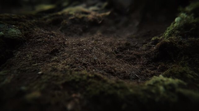 Close-up view of dark, textured soil with moss and organic material, showcasing gradual changes in surface details and depth across three sequential frames in a natural setting