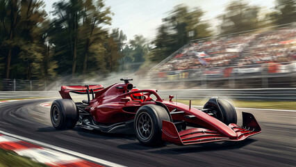 Naklejka premium realistic oil painting of red formula one car in forest track corner