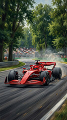 Naklejka premium artistic painting of red formula one car racing through green forest