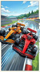 Naklejka premium formula one racing cars battling on wet track in forest with water splashes during rainy day competition between red and orange cars