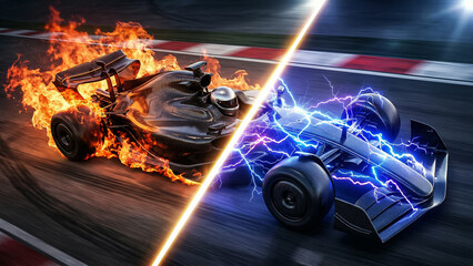 Naklejka premium conceptual formula one car divided into fire and electricity elements showing power and energy on the racing track at night