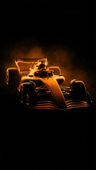 Naklejka premium spectacular silhouette of a formula 1 racing car shrouded in orange smoke or fog on a deep black background highlighting aerodynamics and power