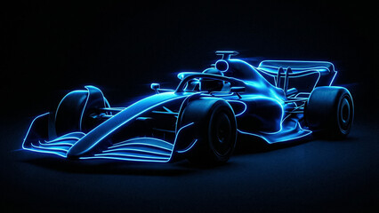 Naklejka premium futuristic formula 1 car concept in blue neon glow highlighting the streamlined shapes and wheels of the racing vehicle in the dark background