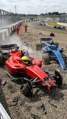 Naklejka premium realistic crash scene on the suzuka circuit japan where red and blue formula 1 cars crashed into a gravel trap with track marshals assisting