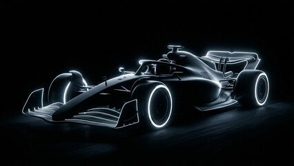 Naklejka premium elegant black and white neon silhouette of a formula 1 racing car where white glowing lines emphasize wheels and front spoiler on black background