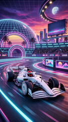 Naklejka premium futuristic night race in retrowave style white bolide rushes along the track with neon lights in the background a huge dome and skyscrapers in purple and pink sunset tones night city