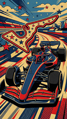 Naklejka premium bright pop art style poster with an image of a bolide and a racing track decorated with stars and stripes in the colors of the american flag dynamic lines and dot raster effect