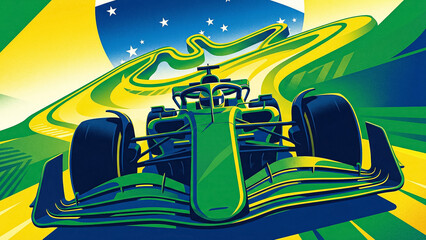 Naklejka premium illustration of a formula 1 racing car on the background of the brazilian flag and a winding track with bright green and yellow colors emphasizing national identity and dynamics