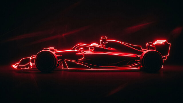 profile of a formula 1 racing car outlined with bright red neon lines on a black background creating a futuristic image of speed and technology