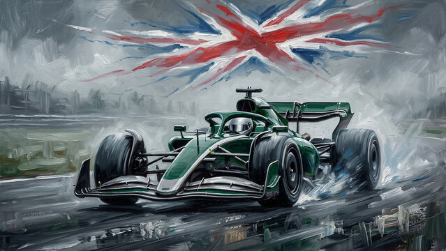 powerful green bolide on the racing track against the background of a stylized british flag made with broad brush strokes speed effect and water splashes emphasize race tension art