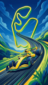 vertical poster with an image of a bolide going up a winding track that glows with neon yellow light against the background of brazilian landscapes and mountains bright colors