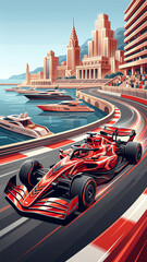 Naklejka premium vertical poster of a red racing car on the embankment surrounded by grandstands with fans yachts and tall city buildings in a bright sunny daytime composition.