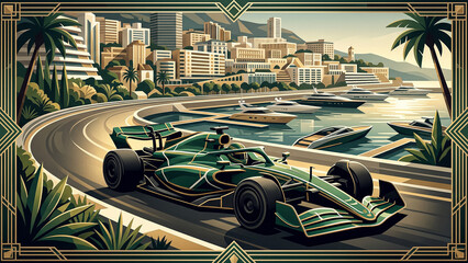 Naklejka premium green racing car with gold details framed by palm trees against a resort city and sea bay background featuring elegant illustration in a classic luxury style.