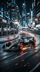 Naklejka premium formula 1 car racing at night through neon city with sparks flying from under wheels and hot brakes