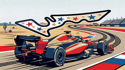 Naklejka premium pop art illustration of formula 1 car racing on stylized track map with american stars in desert