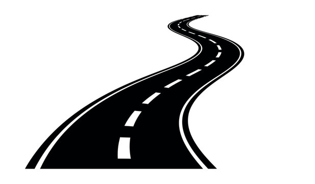 A black and white illustration of a winding road with dashed lines