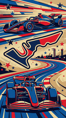 Naklejka premium vertical pop art style poster with two racing cars on a winding track featuring a stylized outline of the austin race circuit with bright stars and stripes in american patriotic style