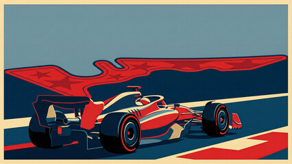 Fototapeta premium minimalist retro poster depicting a racing car going into the distance on the track with a stylized red outline of a racing circuit with stars against a calm blue sky background