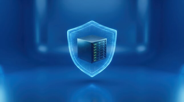 Server cube protected by digital shield hologram on blue background