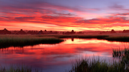Obraz premium Vibrant Red Sunset Over Lake With Reflection
