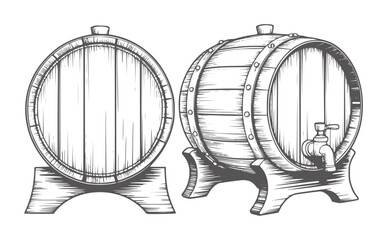 Black and white line of two wooden barrels stands vintage © Mehedi