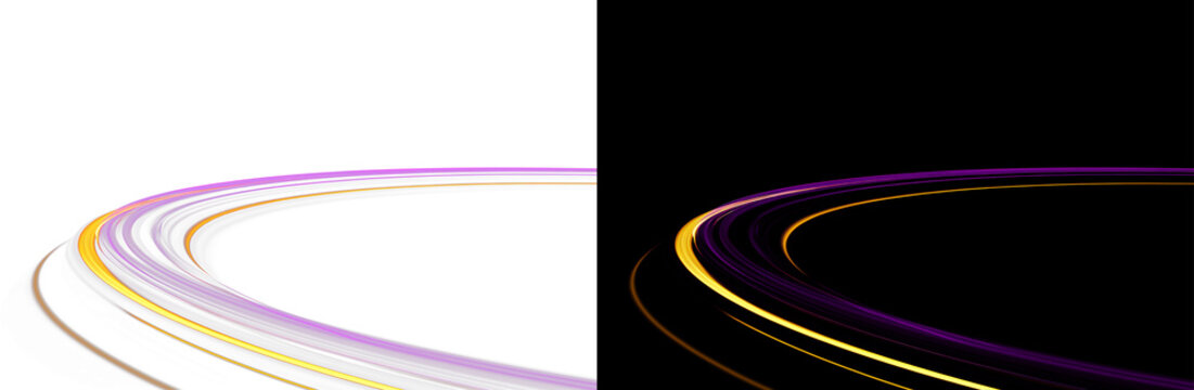 Neon line abstract background with glowing orbital curves and light trails. Futuristic purple and golden circular stripes in perspective on white. Elegant dynamic energy motion for tech design. png