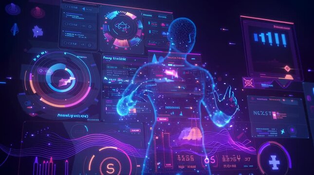 Futuristic AI powered ecommerce simulation, glowing digital human avatar data particles interacting online shopping interface, dynamic product recommendations real time, predictive analytics dashboard
