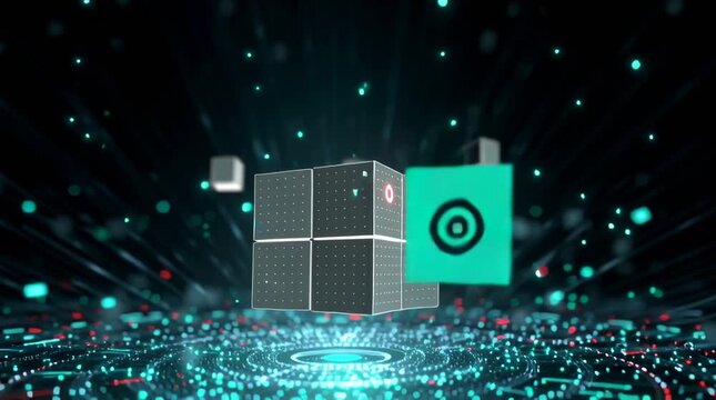 Futuristic AI zero trust cybersecurity gateway, glowing neural AI core floating dark cyber space, encrypted data packets geometric light cubes, intelligent behavioral analysis visualization, circular