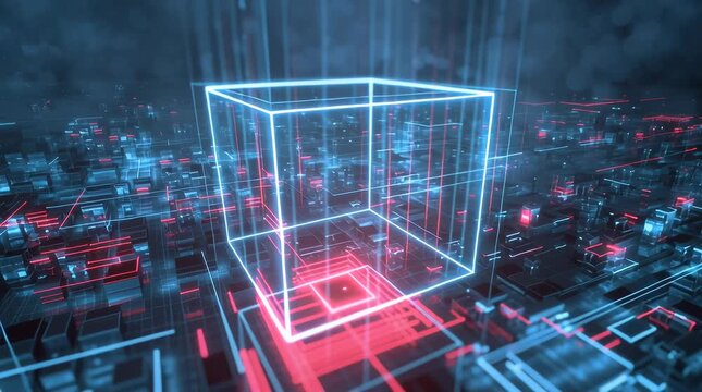 Autonomous AI cybersecurity threat hunting system, futuristic digital server city glowing dark environment, high speed encrypted data highways made neon light streams intelligent scanning pulse travel