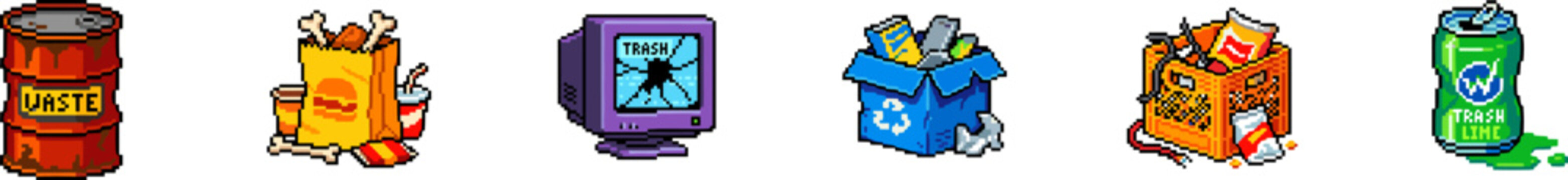 Pixel art icons of waste bins and electronic junk on white background