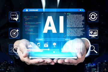 Fototapeta premium Businessman Holding Digital Tablet with AI Interface and Data Visualization in Modern Office Setting at Night with City Lights in Background Quark.