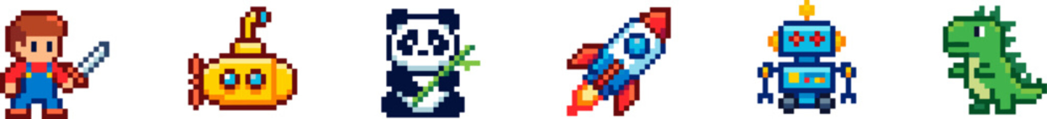 Obraz premium Set of pixelated toy icons featuring a warrior, panda, and robot