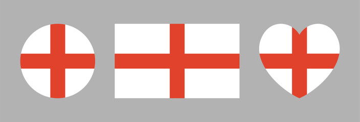 England flag round, heart, rectangular shaped badges. National England rectangle, circle, heart flag icons set. England flag button, sticker, banner. © Hanna