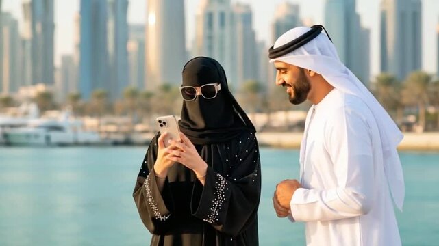 Modern Arab Couple in Dubai: Man in Kandura and Woman in Niqab Using Smartphone