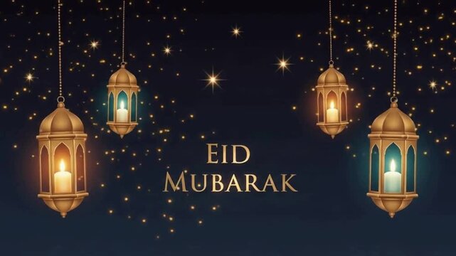 Eid Mubarak Greeting Background with Glowing Golden Lanterns and Sparkles