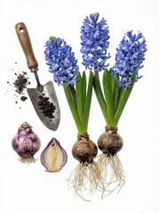 Blue hyacinths with bulbs and gardening trowel on clean white background