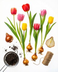 Tulips with bulbs and gardening tools arranged on bright white background