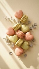 Heart shaped macarons arranged on soft neutral background with eucalyptus leaves