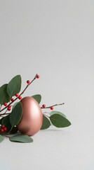 Metallic egg nestled among green leaves and red berries on neutral gray