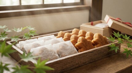 Box of Japanese sweets arranged on wooden table with soft window light