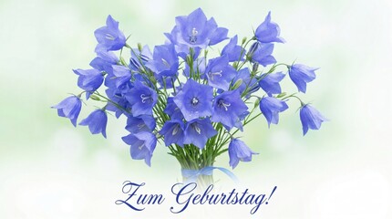 Blue bellflowers bouquet with birthday greeting on soft pastel background